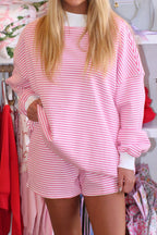 Red stripe oversized mock neck sweatshirt and shorts set by Dear-Lover, casual two-piece cotton and elastane loungewear ensemble.