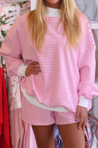 Red stripe oversized sweatshirt and shorts set by Dear-Lover, made of cotton and elastane, featuring a mock neck design.