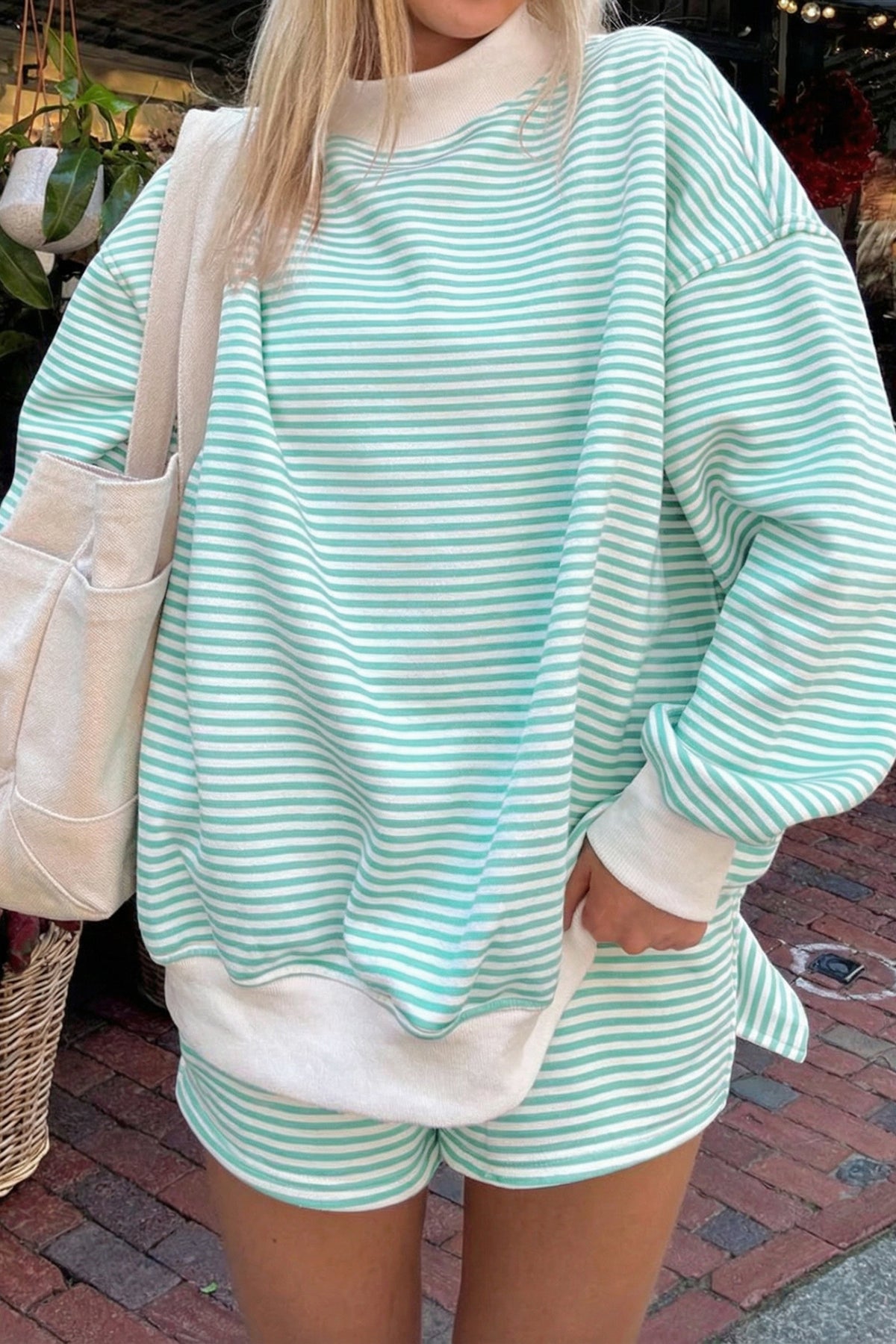 Red stripe oversized mock neck sweatshirt and matching shorts set by Dear-Lover, casual two-piece cotton and elastane outfit.