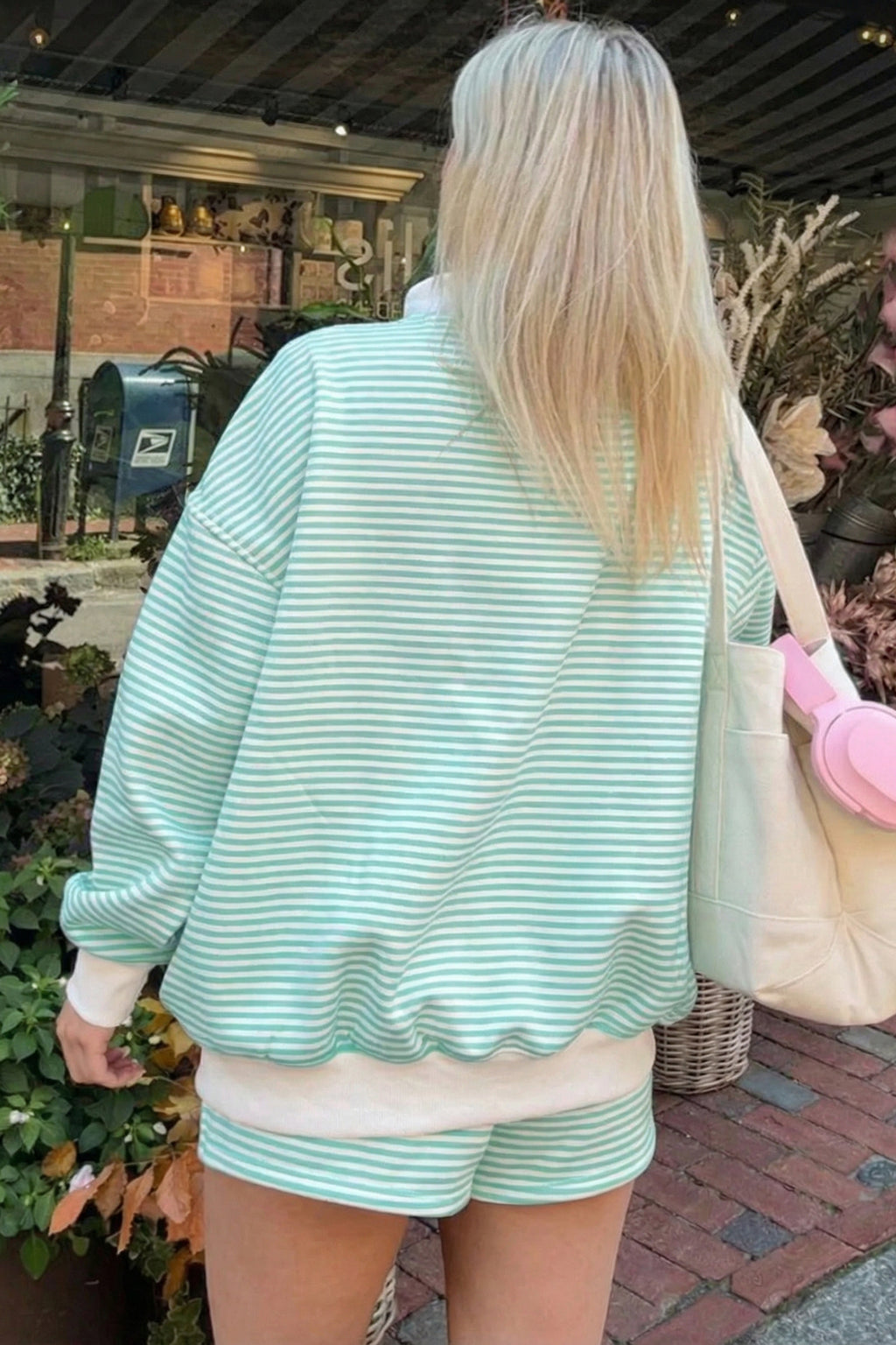 Red stripe oversized mock neck sweatshirt and shorts set by Dear-Lover, casual two-piece cotton and elastane summer outfit.