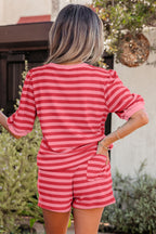Red stripe puff short sleeve T-shirt and matching shorts set by Dear-Lover, casual two-piece summer outfit for women.