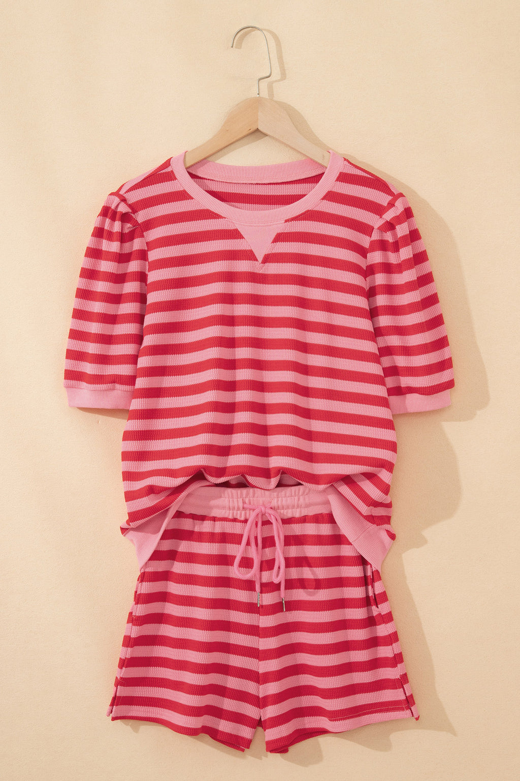 Red stripe puff short sleeve T-shirt and matching shorts set by Dear-Lover, casual two-piece outfit for women.