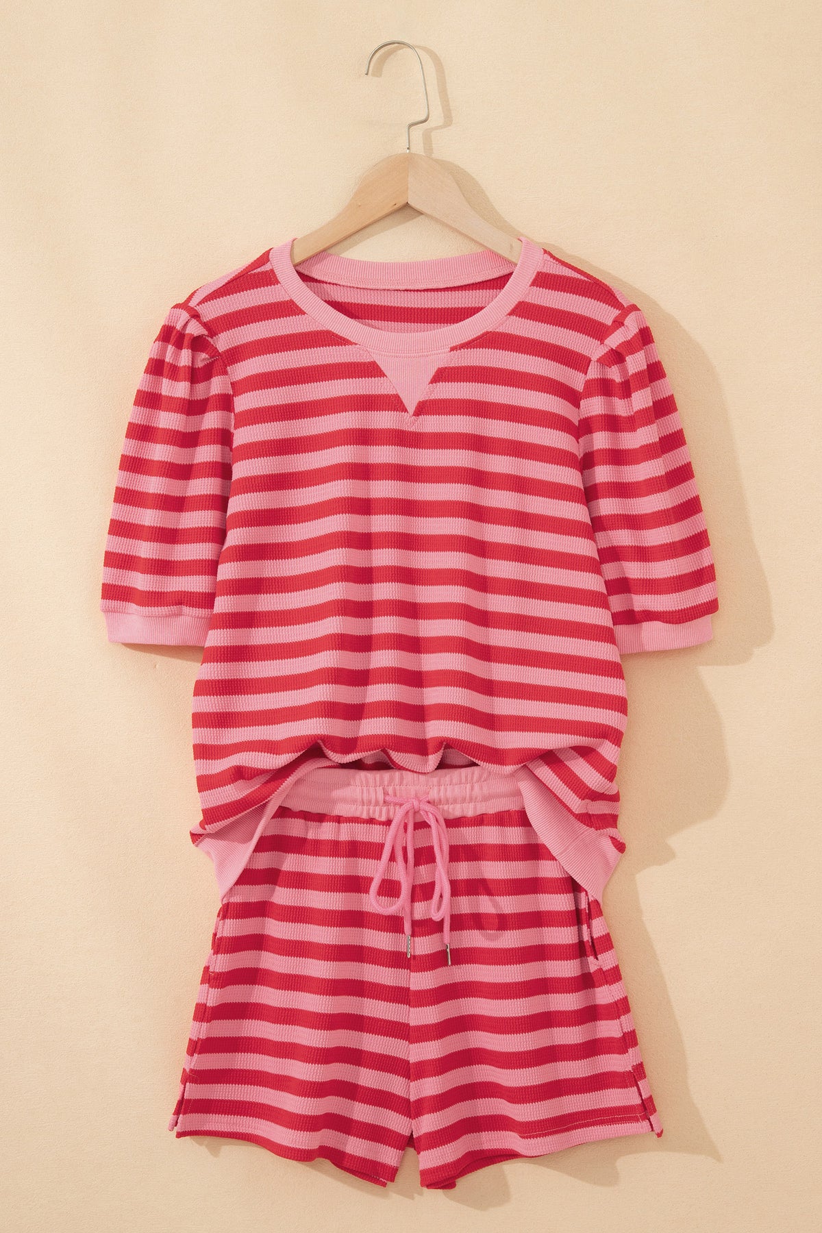 Red stripe puff short sleeve T-shirt and matching shorts set by Dear-Lover, casual two-piece outfit for women.