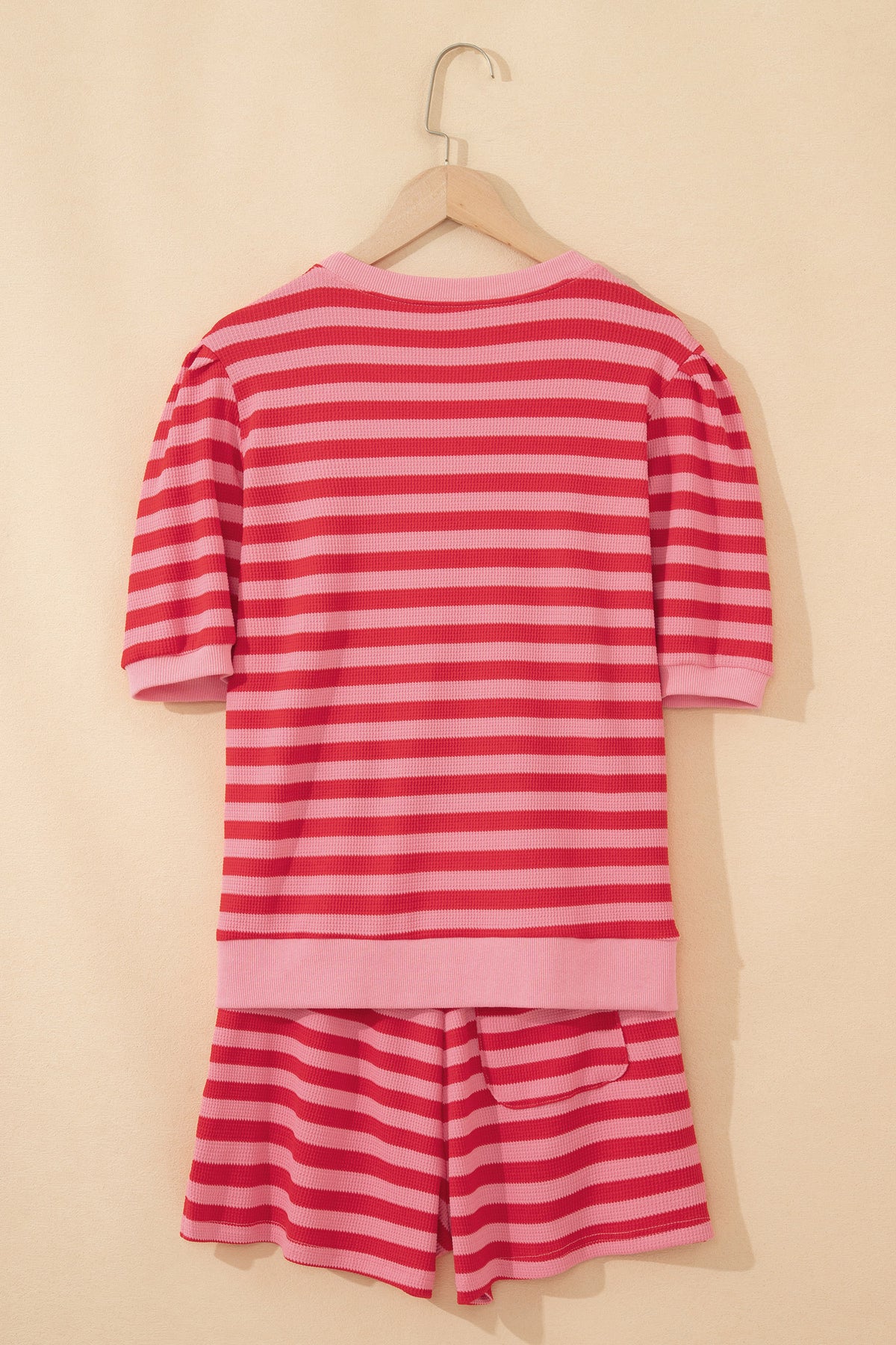 Red Stripe Puff Short Sleeve T-Shirt and Matching Shorts Set by Dear-Lover, lightweight polyester and elastane two-piece casual outfit.