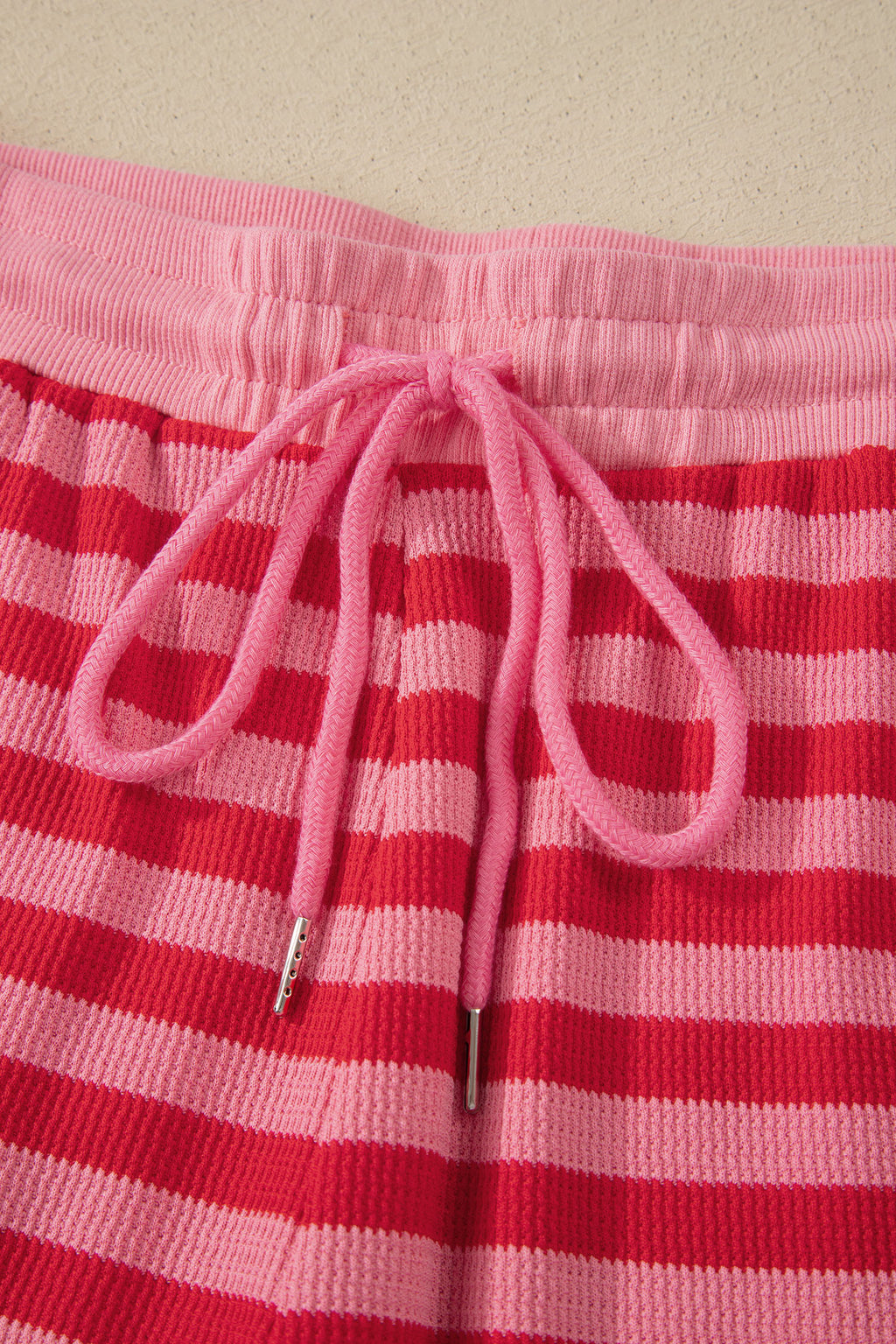 Red stripe puff short sleeve T-shirt and matching shorts set by Dear-Lover, stylish two-piece summer outfit for women.