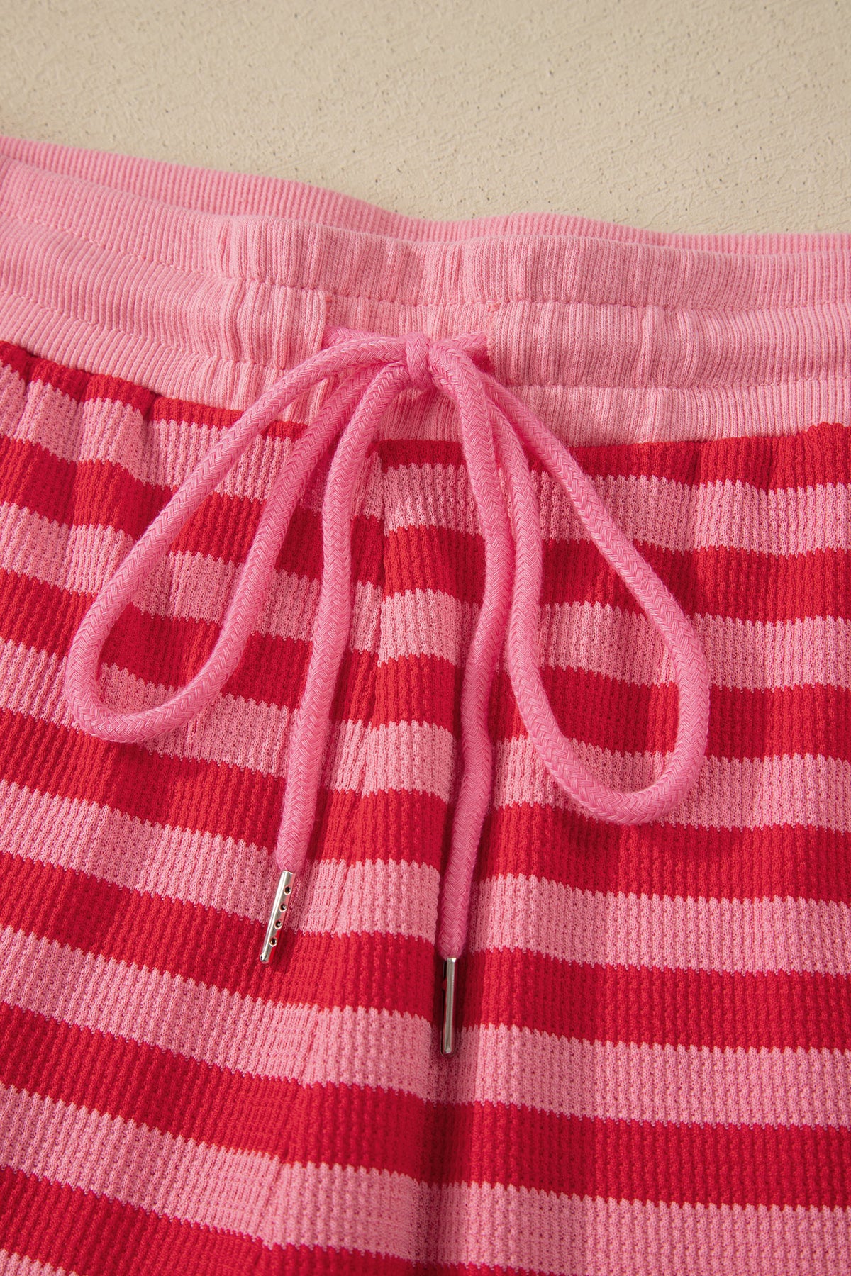 Red stripe puff short sleeve T-shirt and matching shorts set by Dear-Lover, stylish two-piece summer outfit for women.