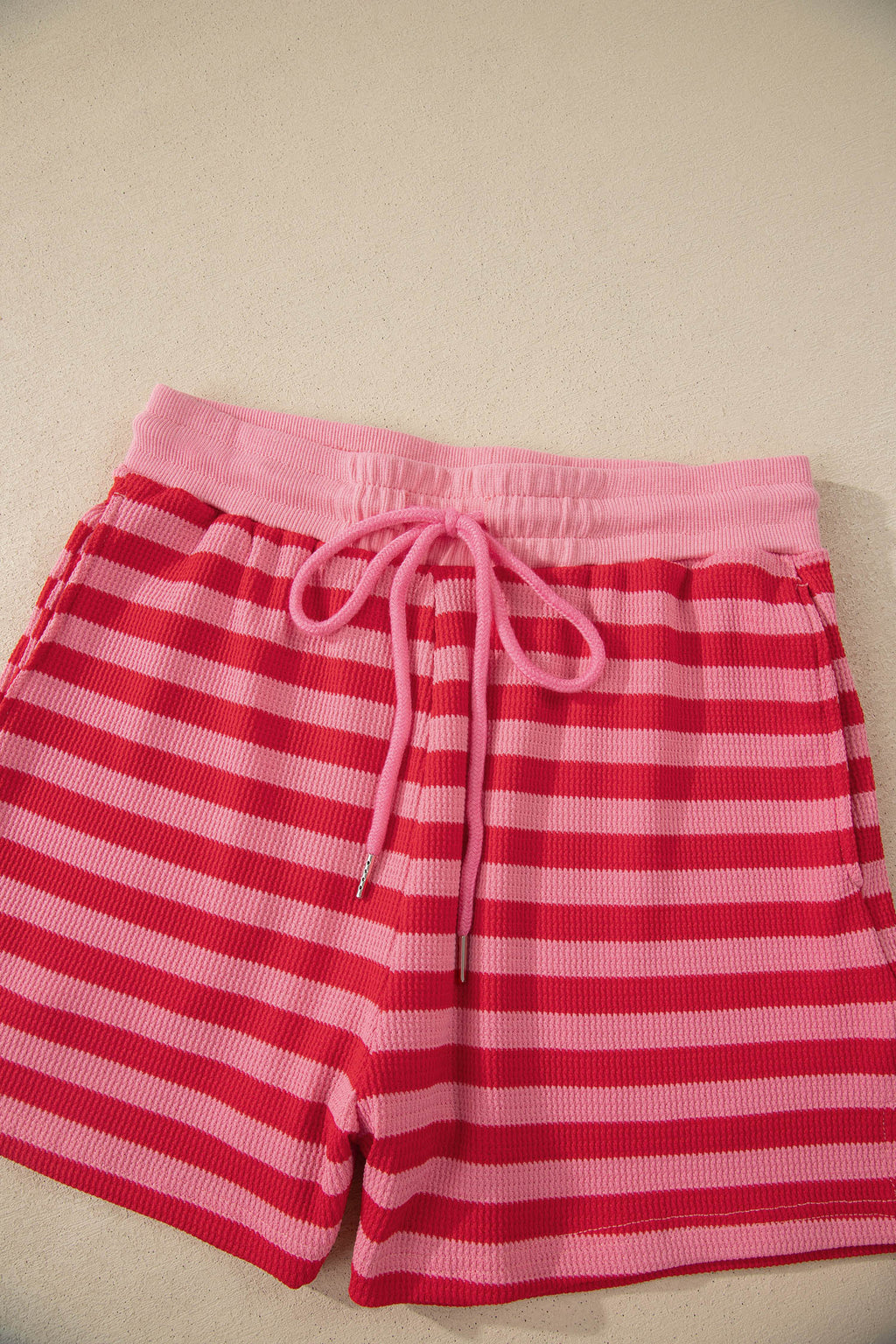 Red stripe puff short sleeve T-shirt and matching shorts set by Dear-Lover, casual two-piece summer outfit for women.