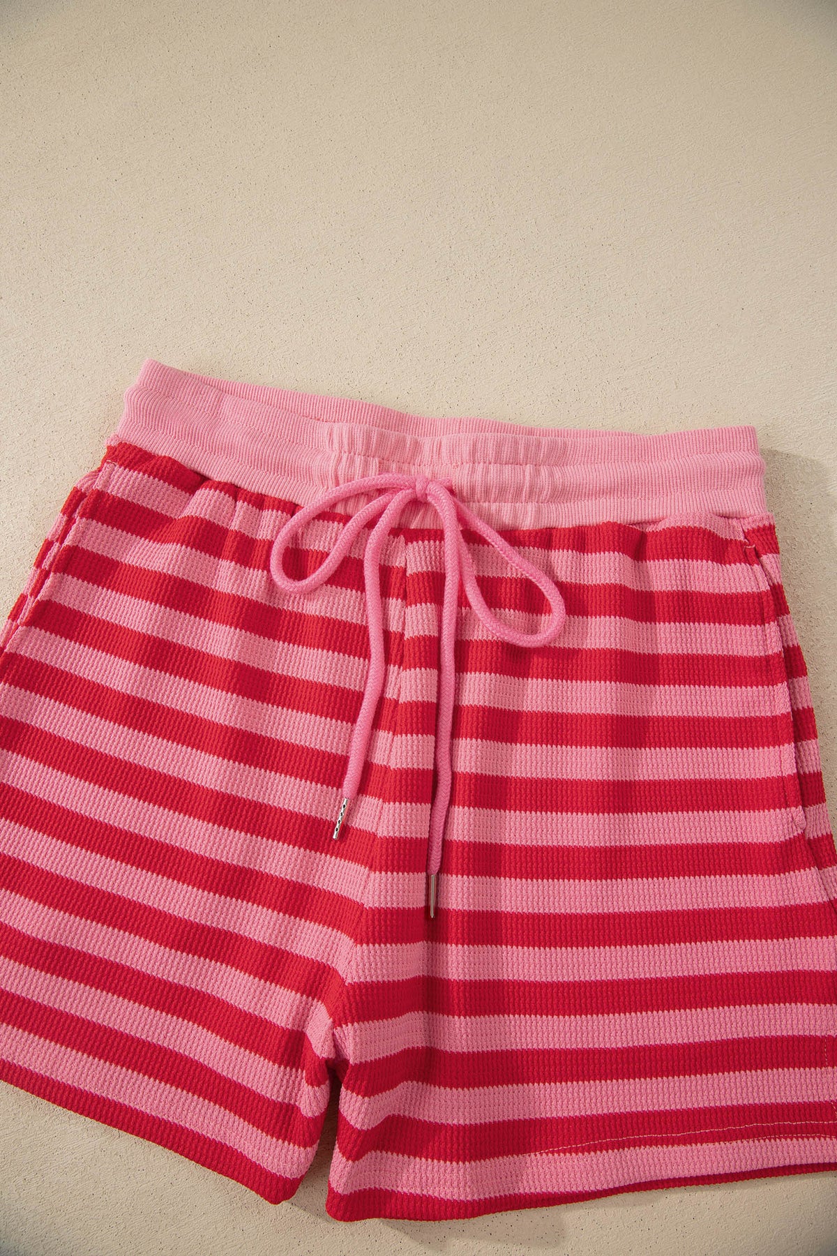 Red stripe puff short sleeve T-shirt and matching shorts set by Dear-Lover, casual two-piece summer outfit for women.