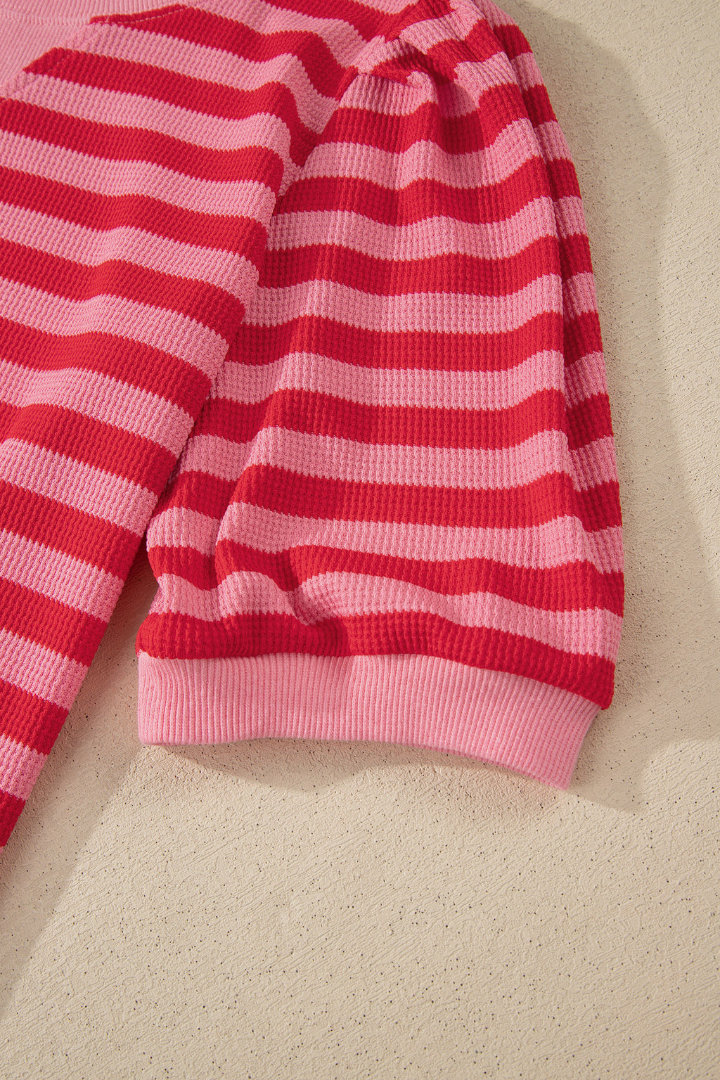 Red stripe puff short sleeve T-shirt and matching shorts set by Dear-Lover, casual two-piece summer outfit for women.