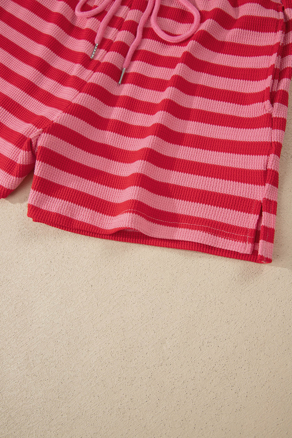 Red stripe puff short sleeve T-shirt and matching shorts set by Dear-Lover, casual two-piece summer outfit for women.