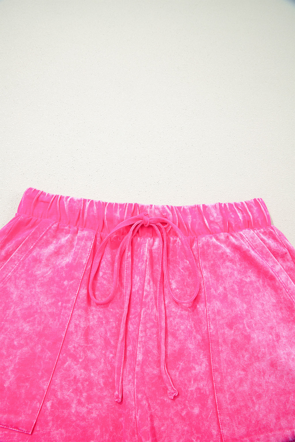 Rose Red mineral wash cotton short set by Dear-Lover, two-piece summer outfit with short sleeves and matching shorts, casual and comfortable.