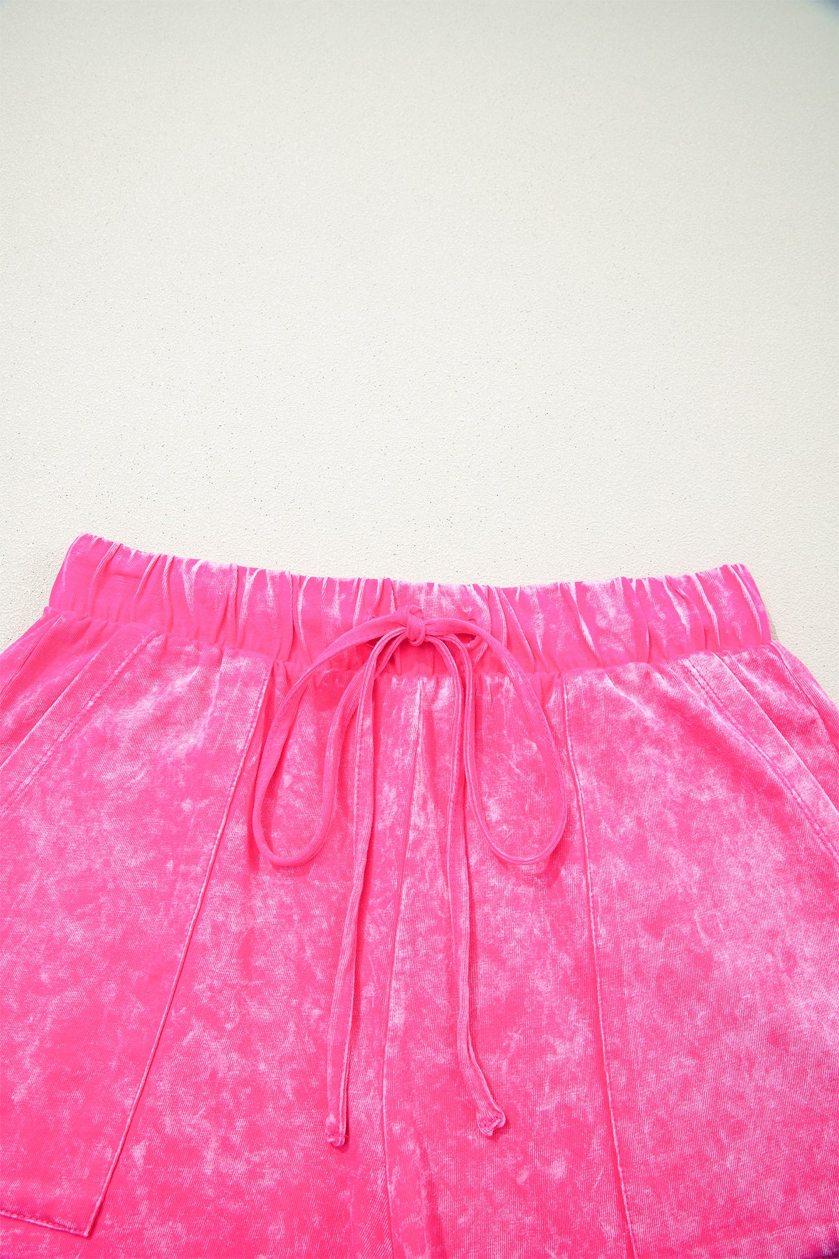 Rose Red mineral wash cotton short set by Dear-Lover, two-piece summer outfit with short sleeves and matching shorts, casual and comfortable.