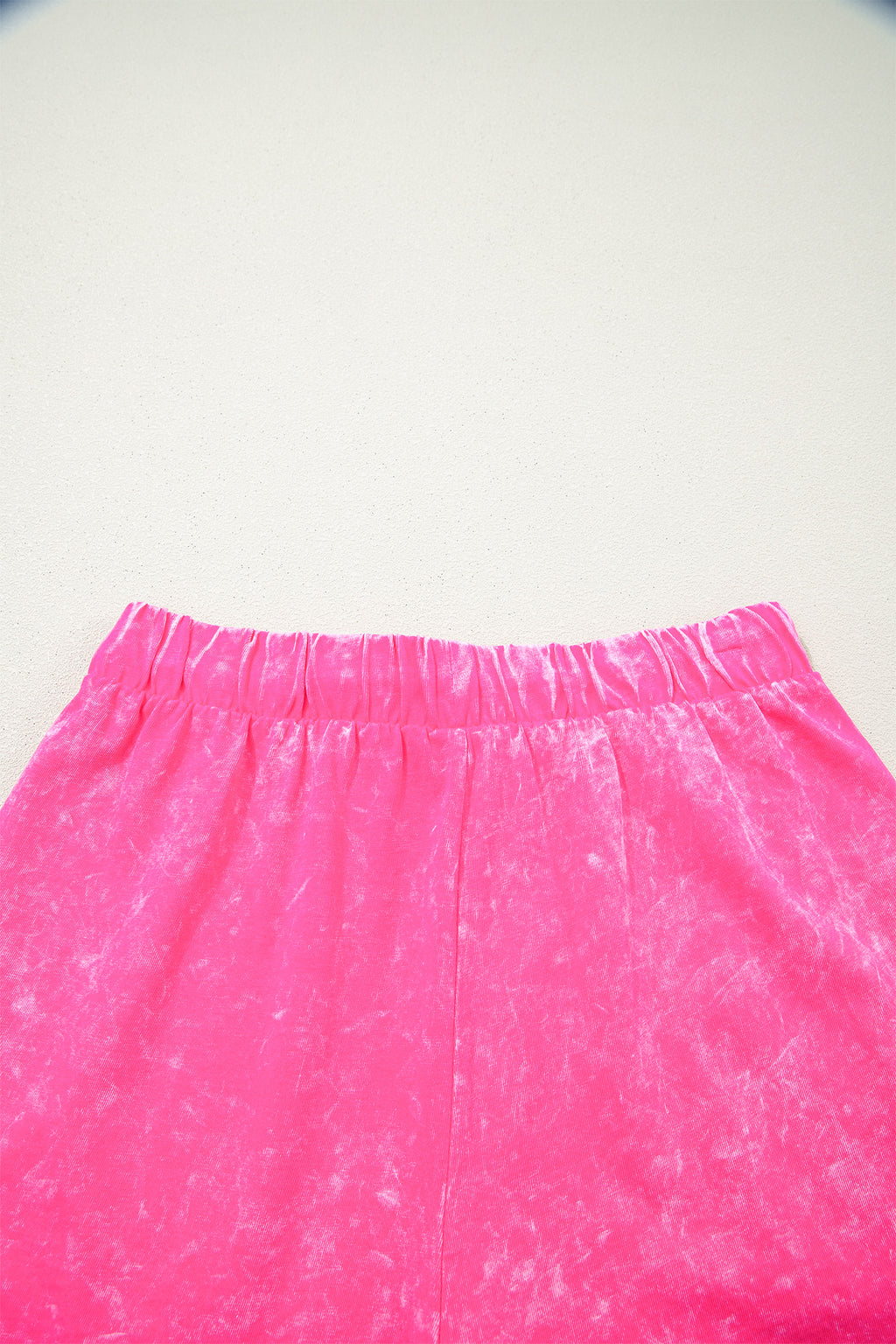 Rose Red mineral wash cotton short set by Dear-Lover, two-piece casual summer outfit with short sleeves and shorts.