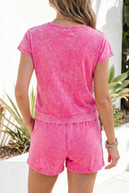 Rose Red mineral wash cotton short set from Dear-Lover, featuring a comfortable two-piece design and soft cotton fabric.
