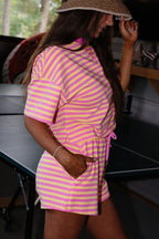 Dear-Lover Rose Stripe Drop Shoulder Casual Terry Short Set, two-piece boxy short set with pink and white stripe pattern.