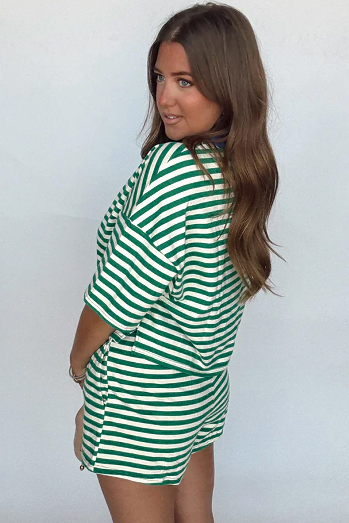 Dear-Lover rose stripe drop shoulder casual terry short set, two-piece, boxy fit with short sleeves and matching shorts.