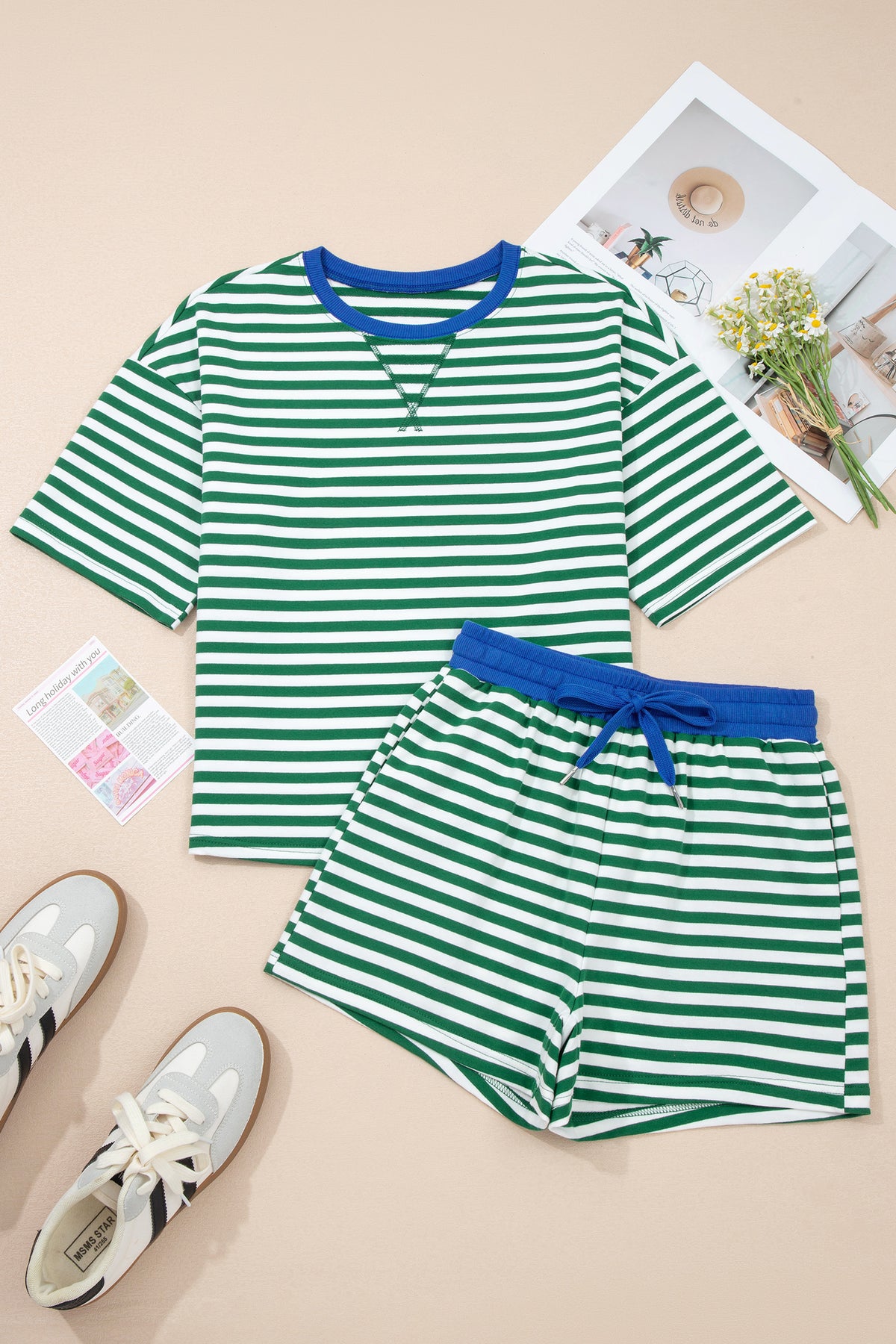 Dear-Lover Rose Stripe Drop Shoulder Casual Terry Short Set, two-piece boxy short set with soft terry fabric and rose stripe design.
