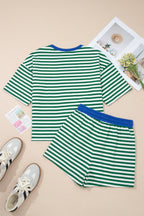 Dear-Lover Rose Stripe Drop Shoulder Casual Terry Short Set, two-piece boxy short set with a relaxed fit and rose stripe pattern.