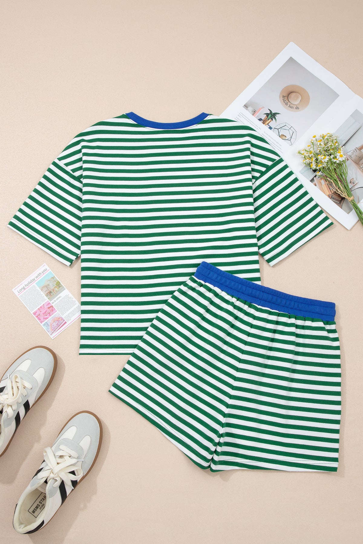 Dear-Lover Rose Stripe Drop Shoulder Casual Terry Short Set, two-piece boxy short set with a relaxed fit and rose stripe pattern.