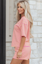 Dear-Lover rose stripe drop shoulder casual terry short set with boxy fit, featuring a two-piece design in soft cotton and elastane fabric.