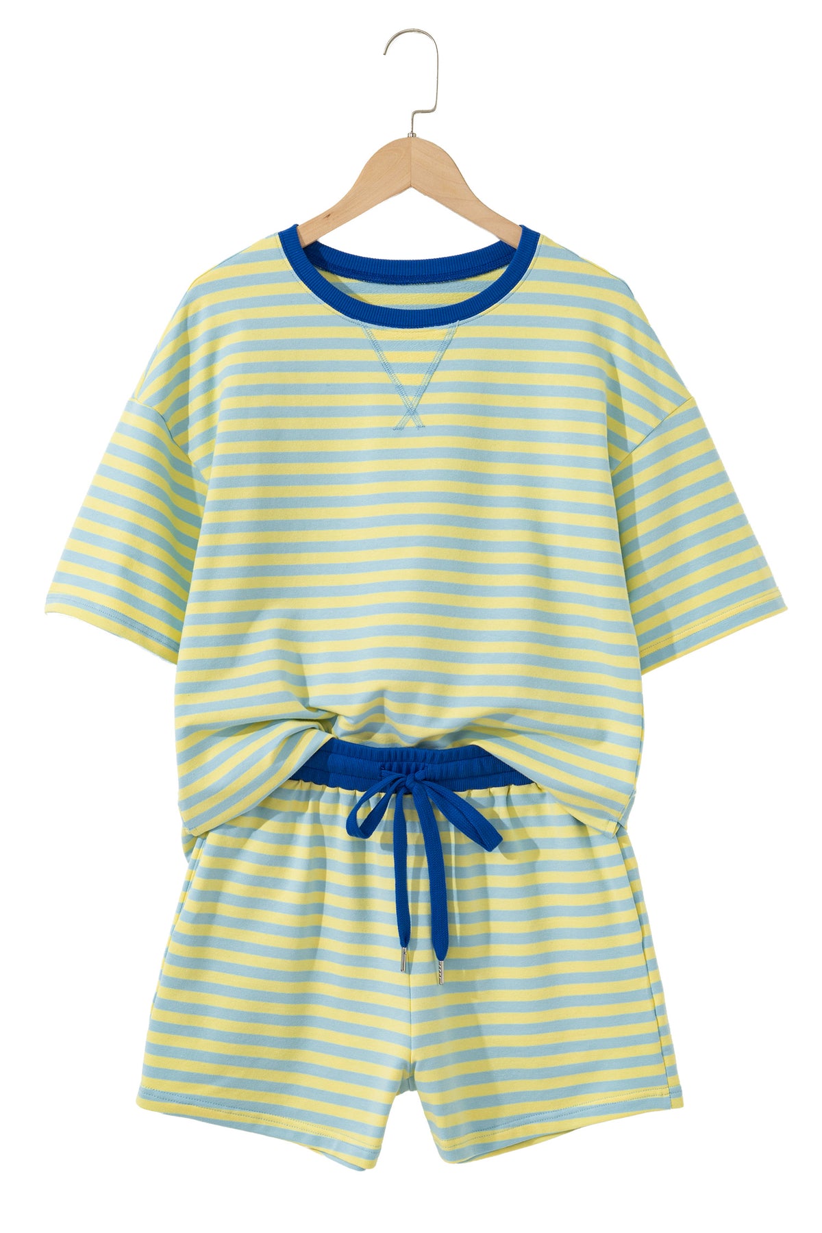 Dear-Lover Rose Stripe Drop Shoulder Casual Terry Short Set, two-piece boxy short set with a relaxed fit and rose stripe pattern.