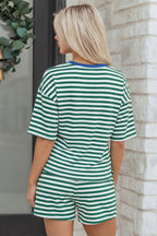 Dear-Lover Rose Stripe Drop Shoulder Casual Terry Short Set, two-piece boxy short set with relaxed fit and comfortable terry fabric.
