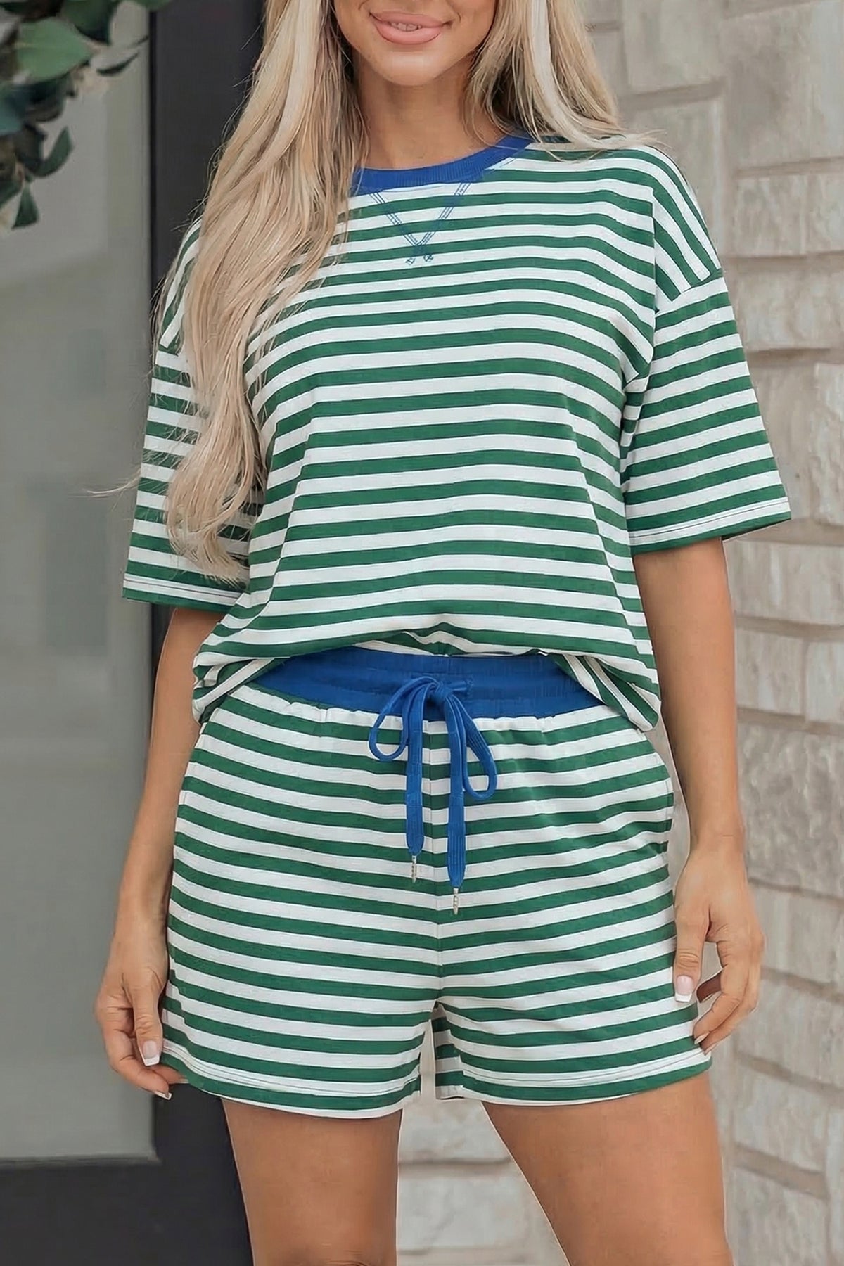 Dear-Lover Rose Stripe Drop Shoulder Casual Terry Short Set, two-piece boxy design with soft cotton and elastane for comfort.