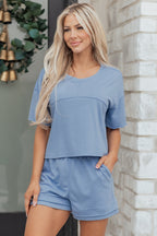 Sky blue solid color two-piece short set with contrast textured patchwork and raw edges by Dear-Lover.