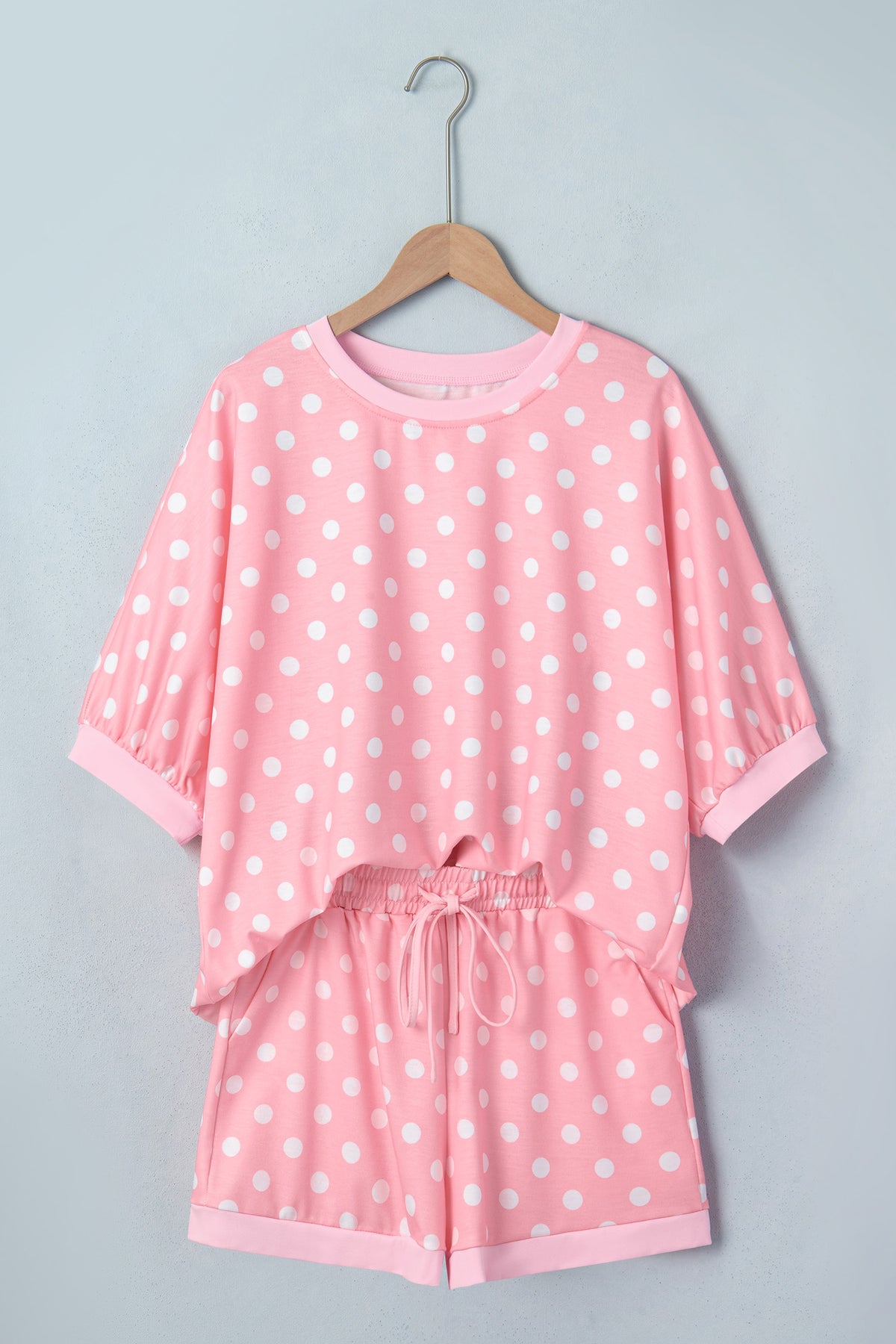 Sky blue polka dot oversized top and drawstring shorts from Dear-Lover, two-piece short set in polyester and elastane fabric.