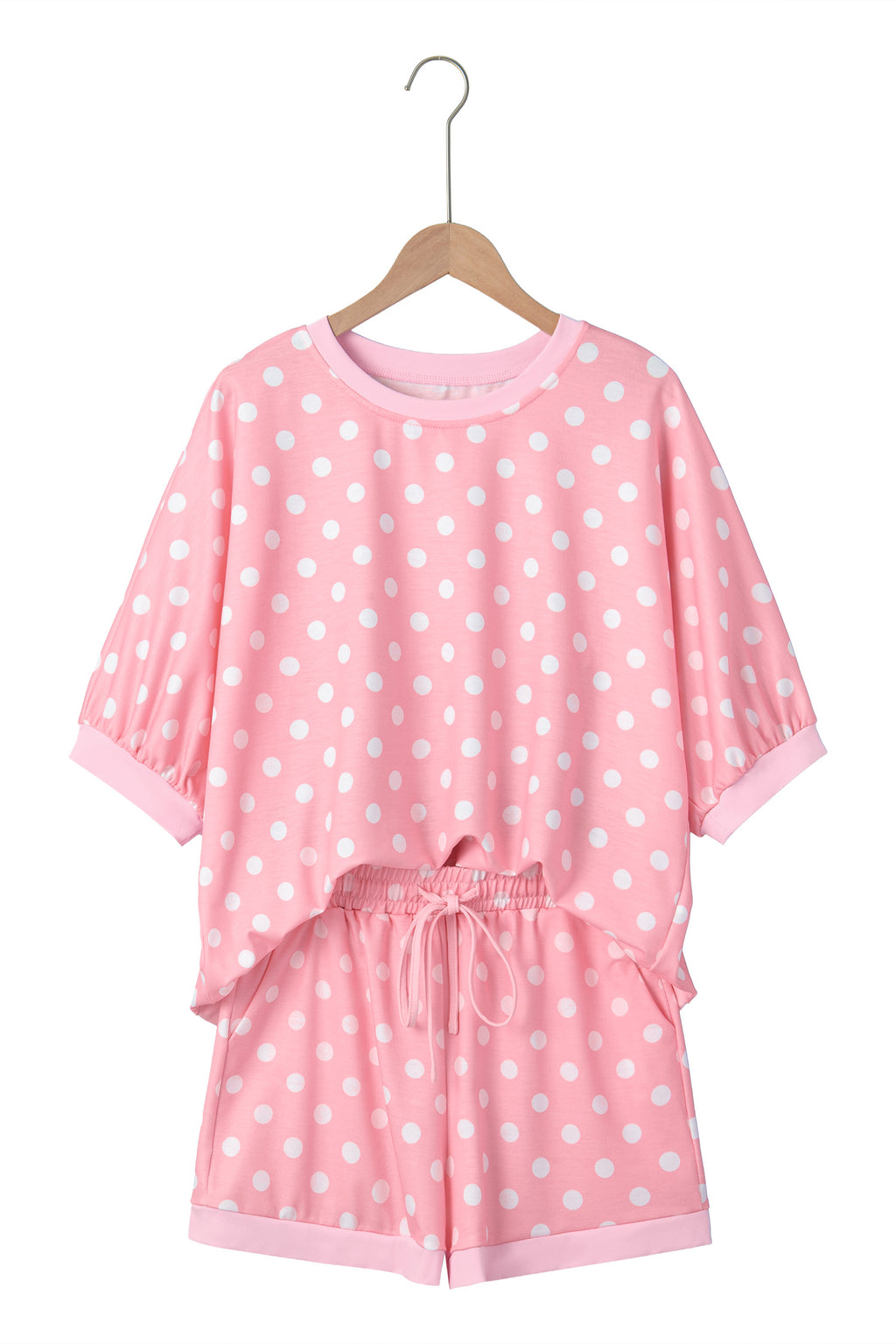Sky blue polka dot oversized top and drawstring shorts set by Dear-Lover, two-piece summer casual outfit.