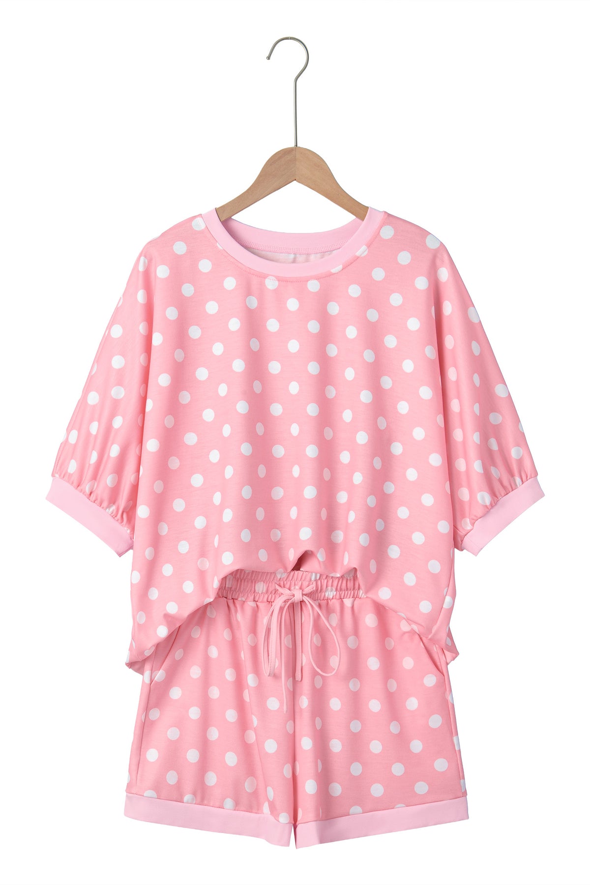 Sky blue polka dot oversized top and drawstring shorts set by Dear-Lover, two-piece summer casual outfit.