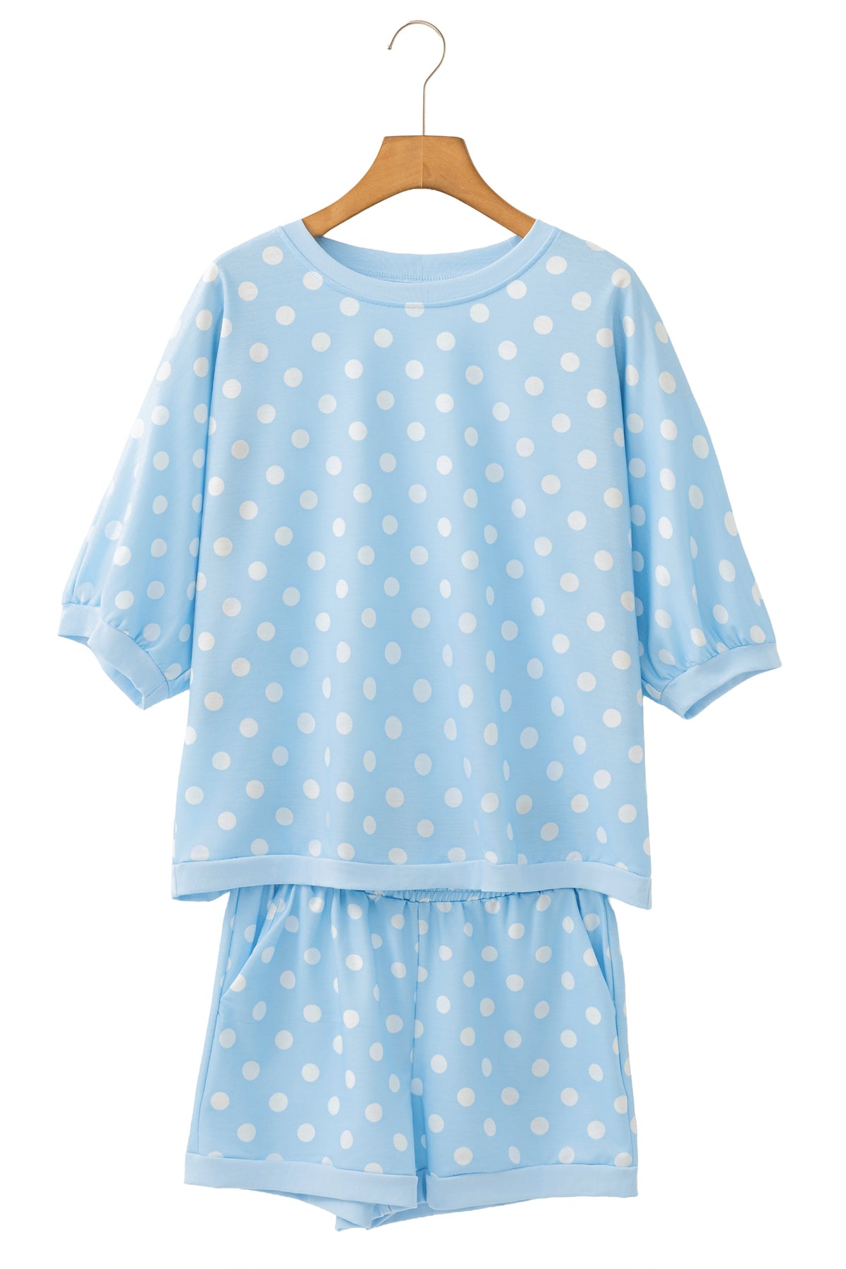 Sky blue polka dot oversized top and drawstring shorts set from Dear-Lover, two-piece casual summer outfit.