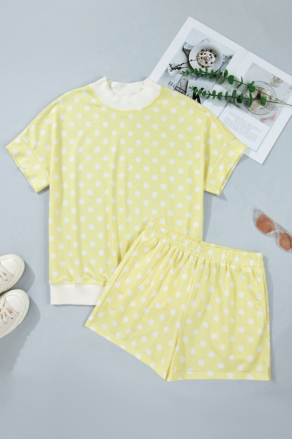 Yellow polka dot print two-piece short set with color block trim and mock neck, by Dear-Lover Dropshipping, made of polyester and elastane.