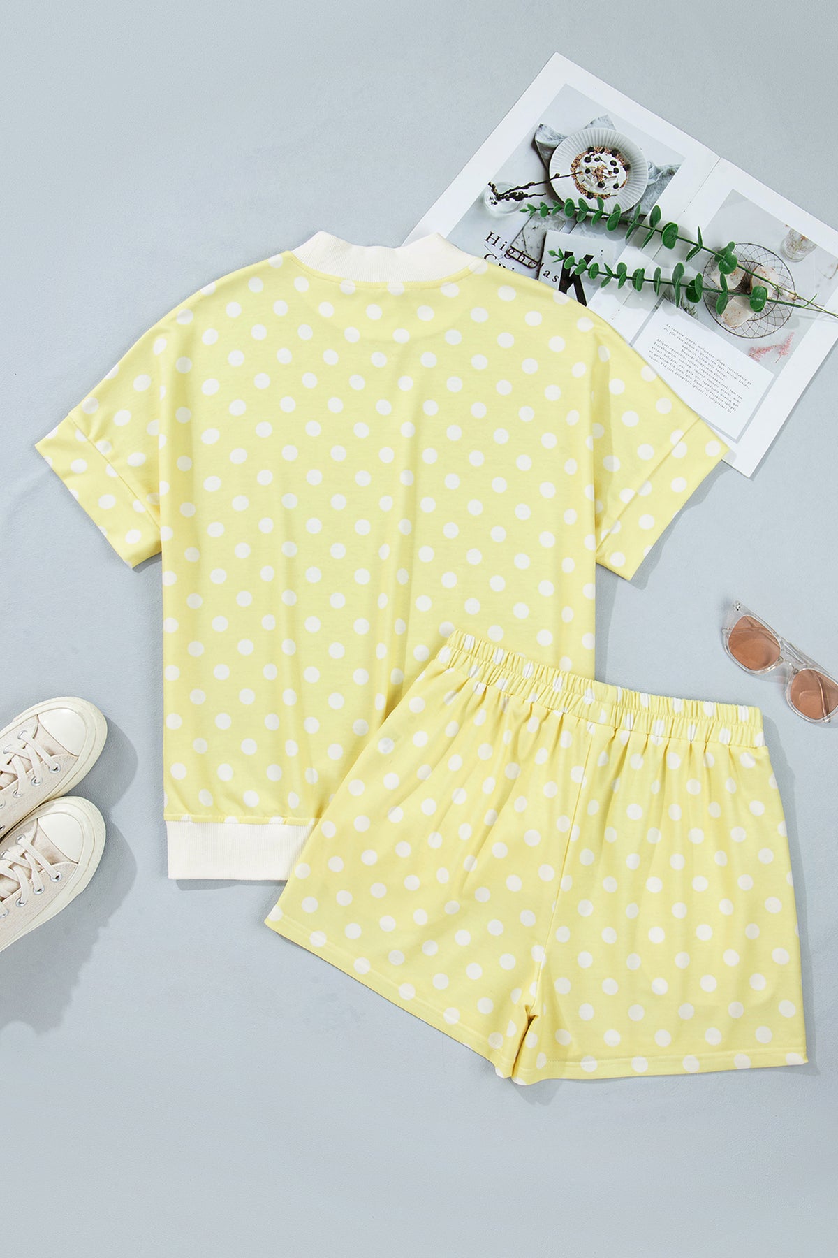 Yellow polka dot print color block trim two-piece short set from Dear-Lover, mock neck design, lightweight polyester and elastane fabric.
