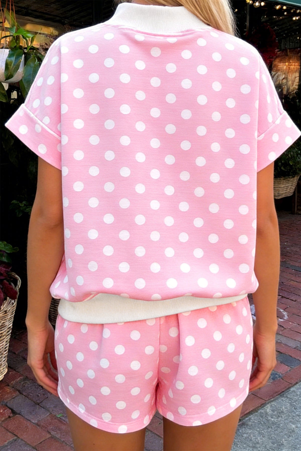 Yellow polka dot print color block trim mock neck short set from Dear-Lover, two-piece polyester and elastane summer outfit.