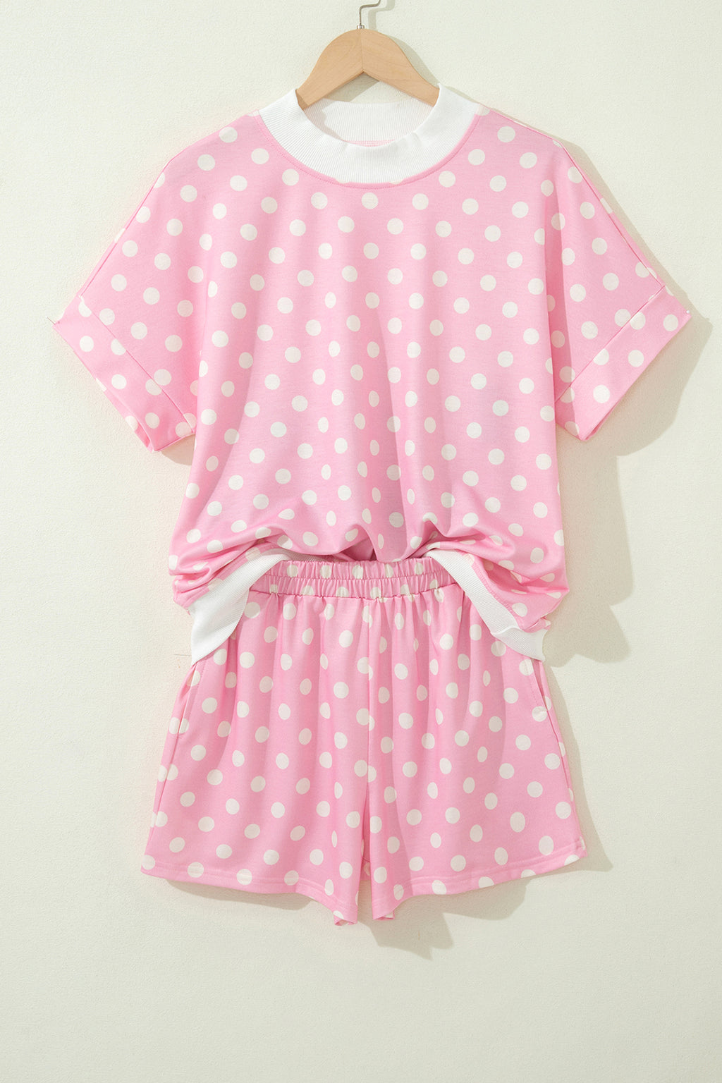 Yellow polka dot print two-piece short set with color block trim and mock neck, from Dear-Lover Dropshipping.