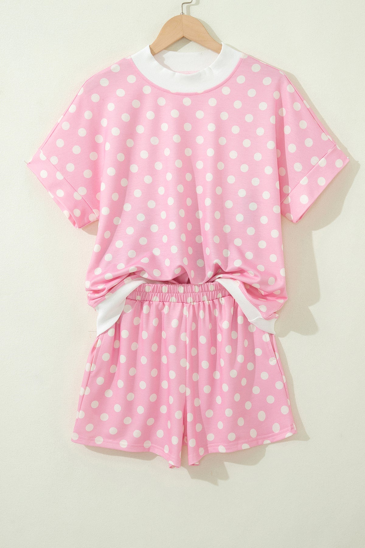 Yellow polka dot print two-piece short set with color block trim and mock neck, from Dear-Lover Dropshipping.