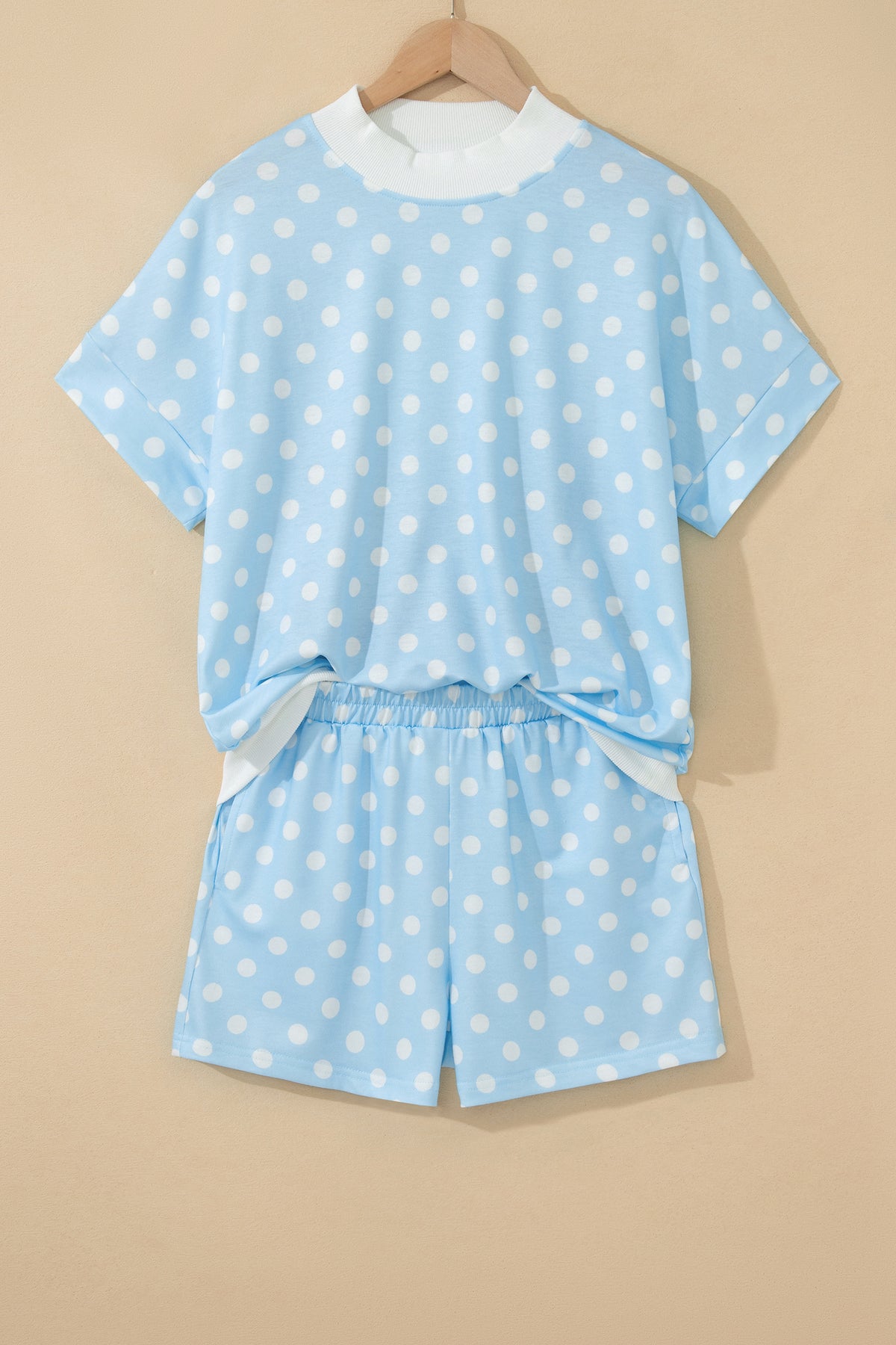 Yellow polka dot print color block trim mock neck short set from Dear-Lover, two-piece polyester and elastane summer outfit.