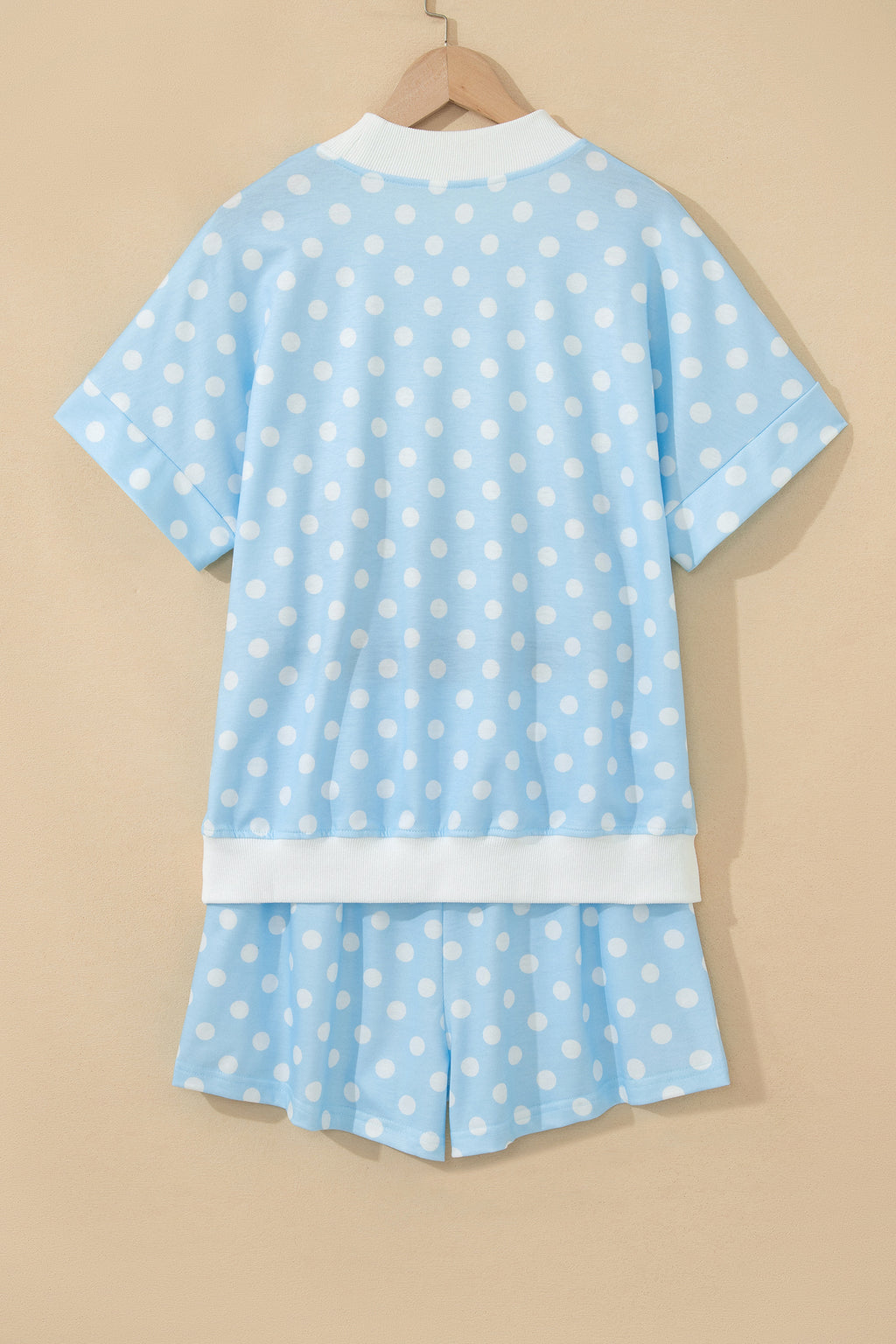 Yellow polka dot print two-piece short set with color block trim and mock neck, by Dear-Lover Dropshipping, casual summer outfit.