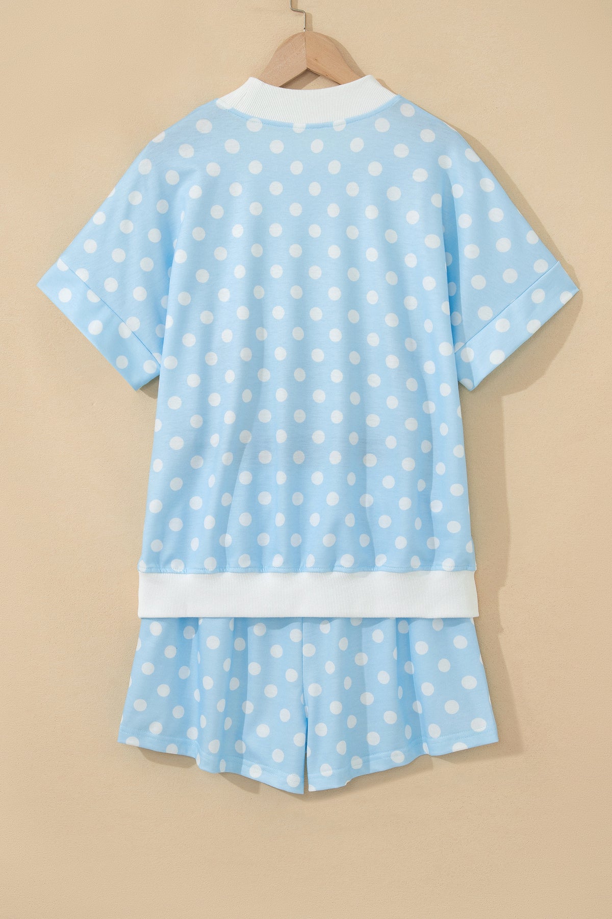 Yellow polka dot print two-piece short set with color block trim and mock neck, by Dear-Lover Dropshipping, casual summer outfit.