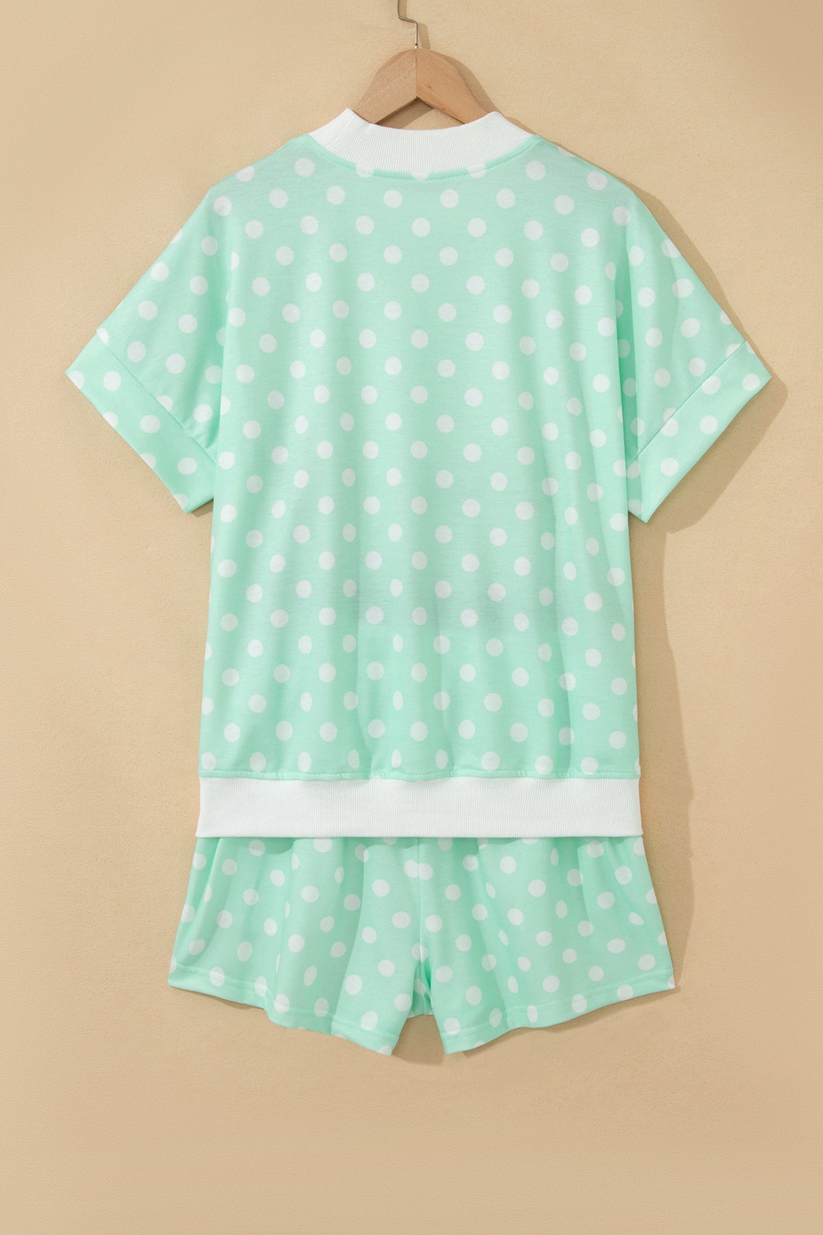Yellow polka dot print color block trim mock neck two-piece short set by Dear-Lover, featuring polyester and elastane fabric.