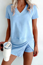 Beau Blue Mineral Wash V Neck Tee and matching skort set by Dear-Lover, made of 100% cotton, casual two-piece outfit.