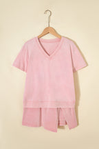 Beau Blue mineral wash V-neck tee with matching skort set, made of 100% cotton, casual two-piece outfit by Dear-Lover.