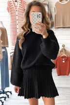 Black Dear-Lover two-piece knitted outfit with high neck puff sleeve sweater and pleated mini skirt, stylish and cozy ensemble.