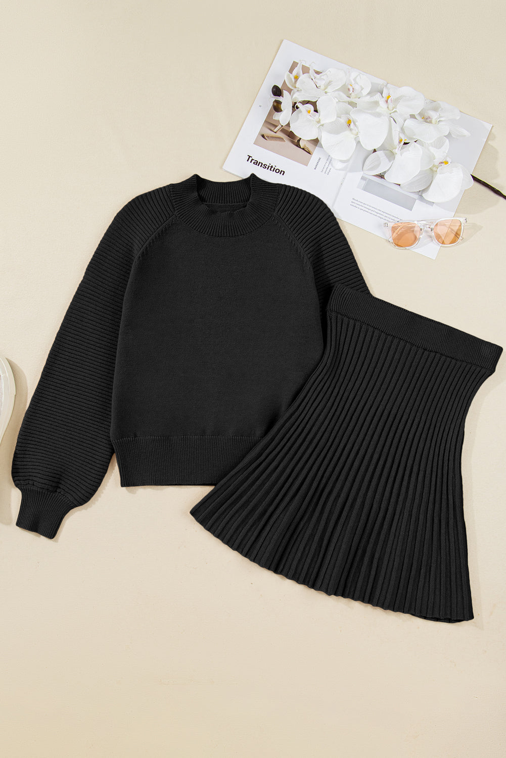 Black two-piece set with high neck puff sleeve sweater and pleated mini skirt, Dear-Lover knitted outfit for women.