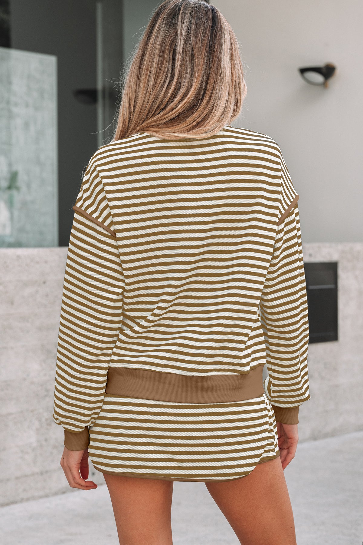 Brown striped two-piece dress set with textured drop shoulder pullover top and drawstring mini skort by Dear-Lover.
