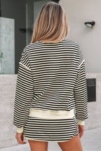 Brown stripe two-piece dress set with textured drop shoulder pullover top and drawstring mini skort by Dear-Lover.