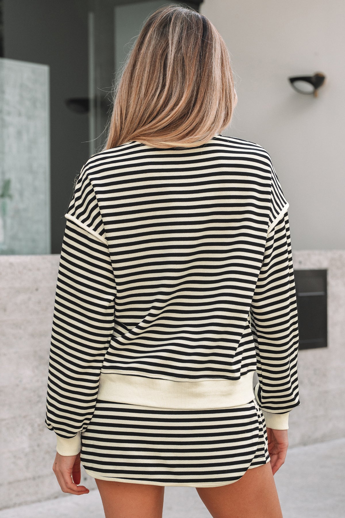 Brown stripe two-piece dress set with textured drop shoulder pullover top and drawstring mini skort by Dear-Lover.