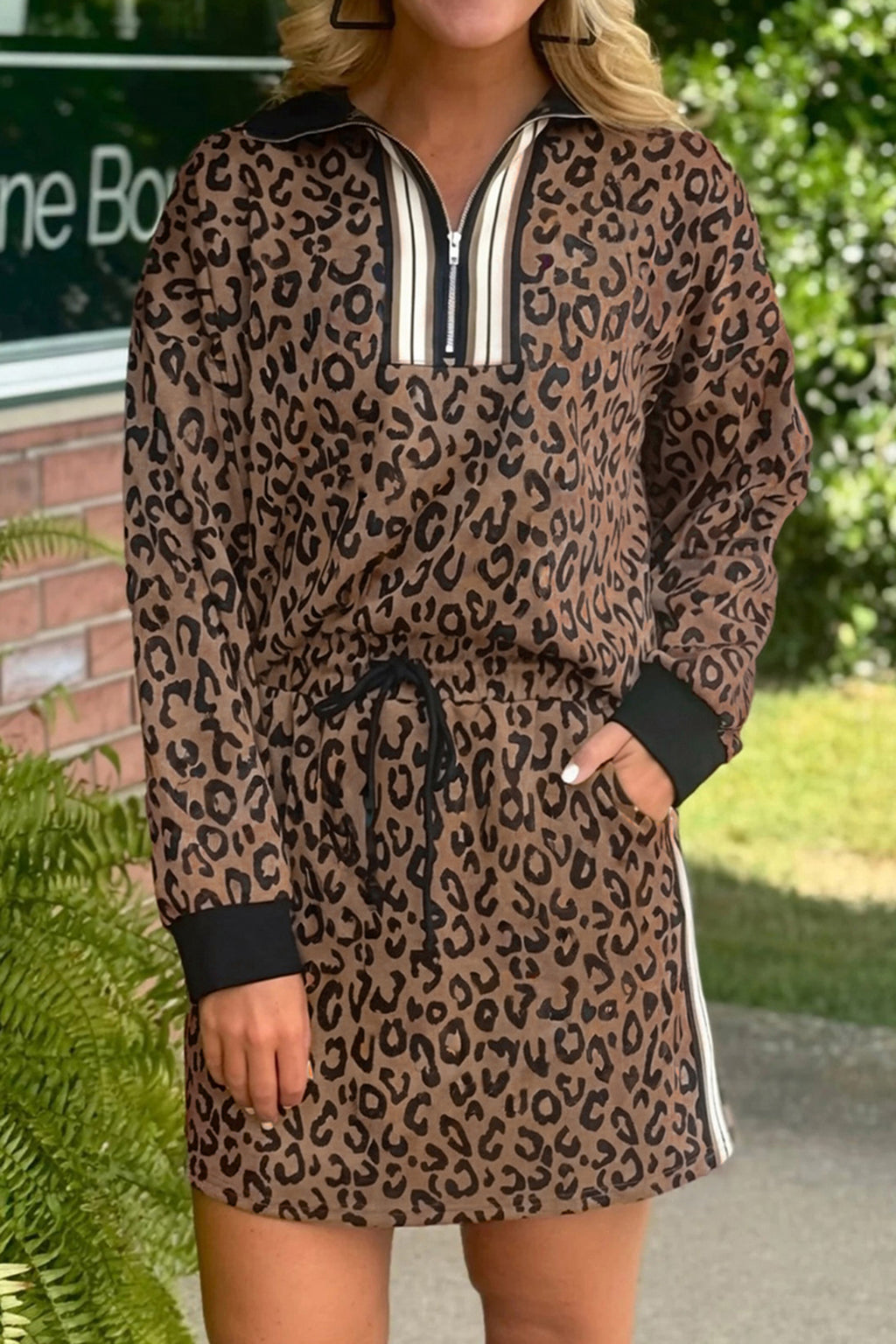 Khaki leopard print quarter zip long sleeve top and mini skirt set by Dear-Lover, stylish two-piece dress with comfortable fabric.
