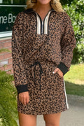 Khaki leopard print quarter zip long sleeve top and mini skirt set by Dear-Lover, stylish two-piece dress with comfortable fabric.